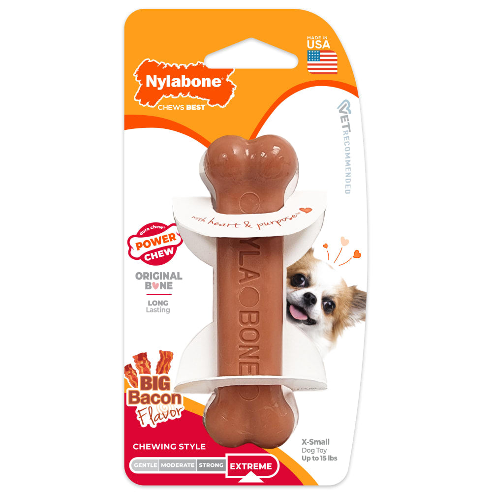 Nylabone Power Chew hueso sabor tocino para perro de mordida fuerte, X-Small hasta 7 kg