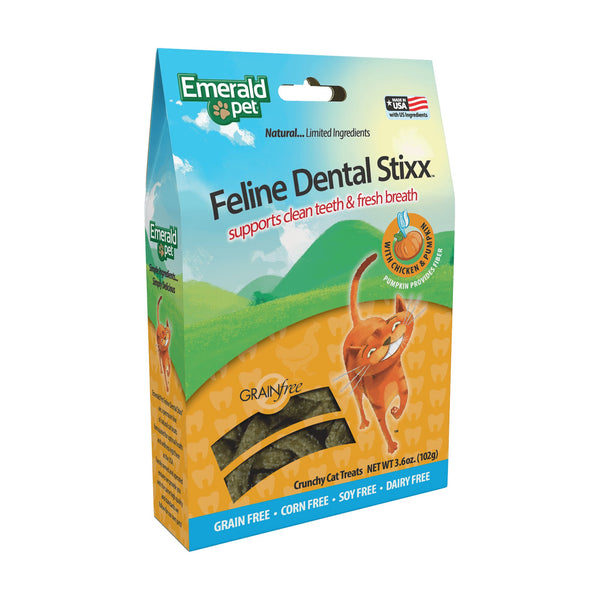 Emerald Pet Feline Dental Stixx premios dentales sin granos para gato con pollo y calabaza, 102 g