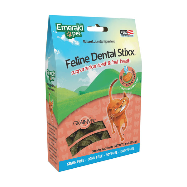 Emerald Pet Feline Dental Stixx premios dentales sin granos para gato con salmón y calabaza, 102 g