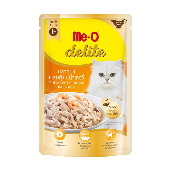 Me-O Delite alimento húmedo en sobre para gato adulto, atún con camarón en salsa, 70 g