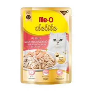 Me-O Delite alimento húmedo en sobre para gato adulto, atún con salmón en salsa, 70 g