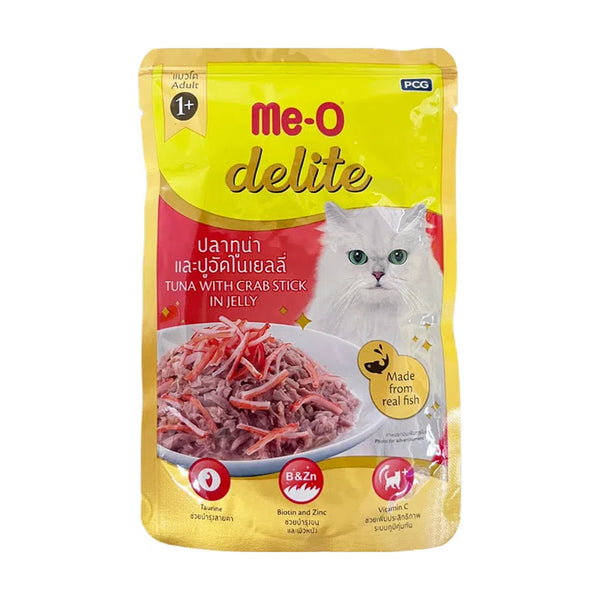 Me-O Delite alimento húmedo en sobre para gato adulto, atún con barritas de surimi en gelatina, 70 g