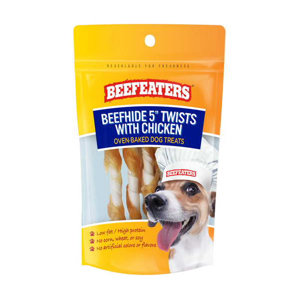 Beefeaters Beefhide Twists with Chicken premios para perro de piel de res envuelta en pollo, 40 g