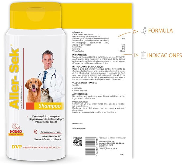 SHAMPOO DERMATOLOGICO ALLERSEK PARA MASCOTAS HOLLAND