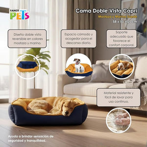 CAMA PARA MASCOTAS DOBLE VISTA CAPRI MOSTAZA MARINO FANCY PETS