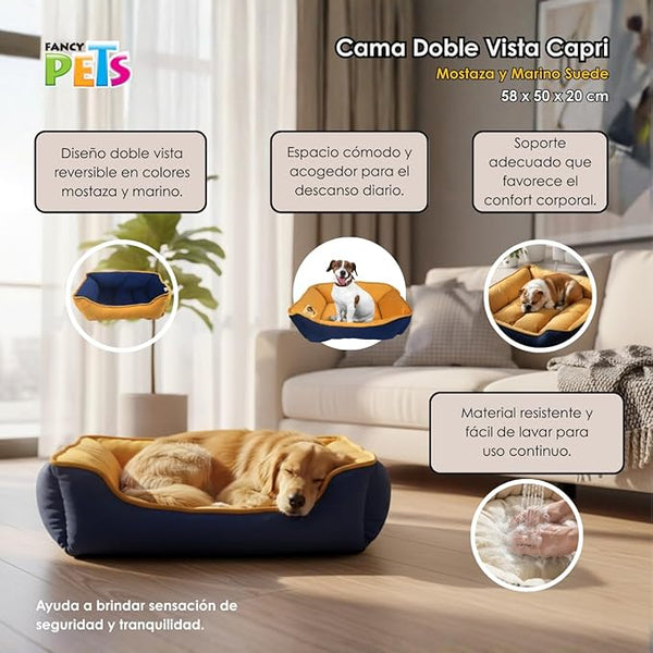 CAMA PARA MASCOTAS DOBLE VISTA CAPRI MOSTAZA MARINO FANCY PETS