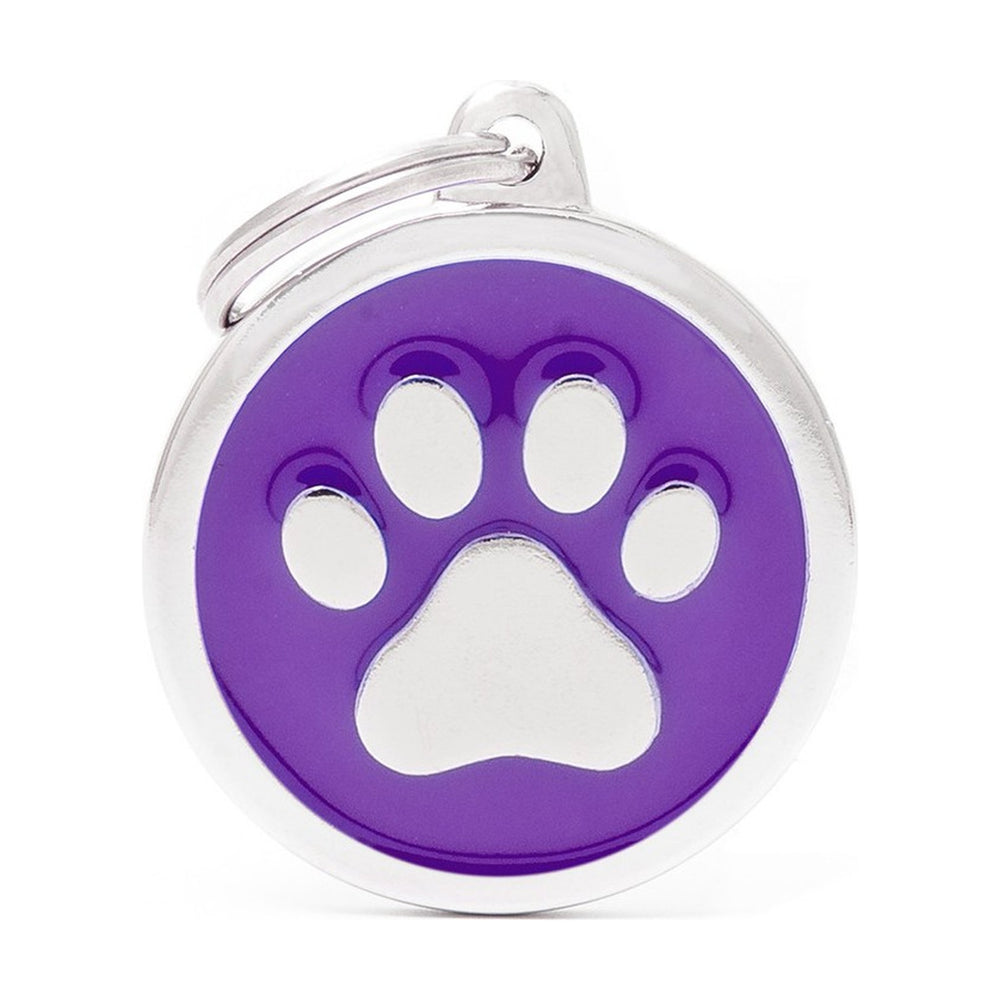 MyFamily Classic placa de identificación redonda morada con huella para perro, grande