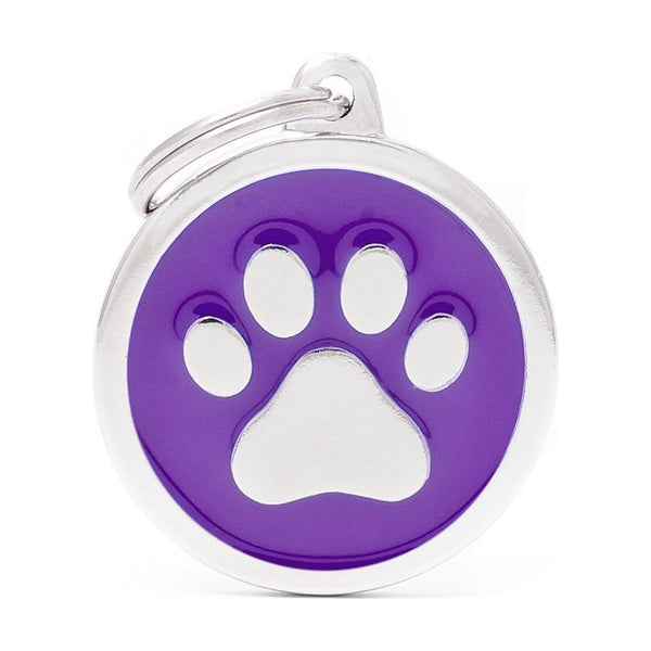 MyFamily Classic placa de identificación redonda morada con huella para perro, grande