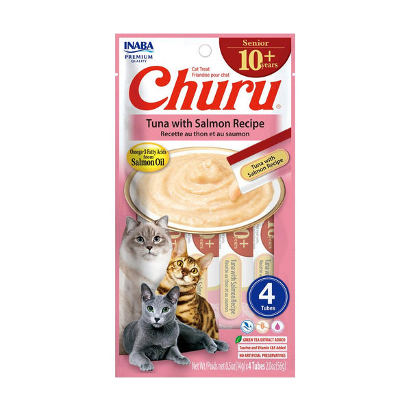 INABA Churu Senior 10+ premio cremoso para gato mayor de 10 años receta de atún con salmón, 4 tubos de 14 g