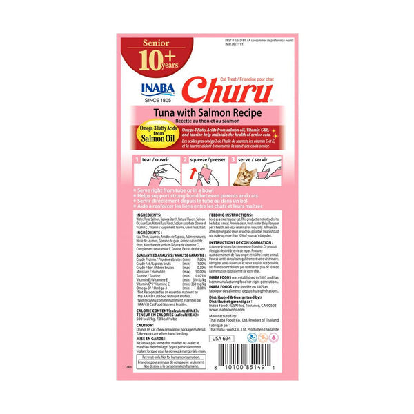 INABA Churu Senior 10+ premio cremoso para gato mayor de 10 años receta de atún con salmón, 4 tubos de 14 g