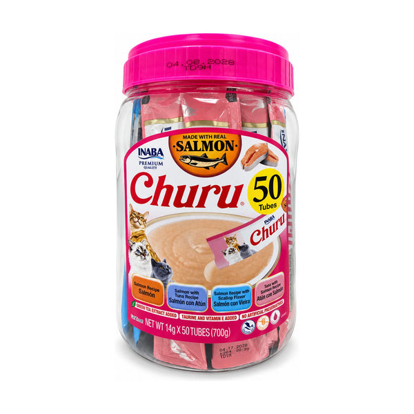 INABA Churu bote de premios cremosos para gato variedades de salmón, 50 tubos de 14 g