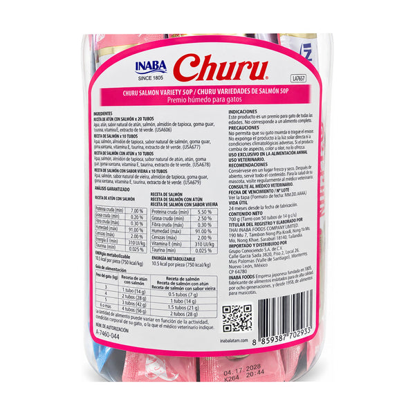 INABA Churu bote de premios cremosos para gato variedades de salmón, 50 tubos de 14 g