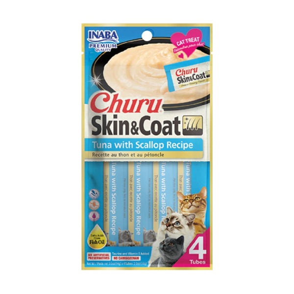 INABA Churu Skin & Coat premio cremoso para gato piel y pelaje, receta de atún con vieira, 4 tubos de 14 g