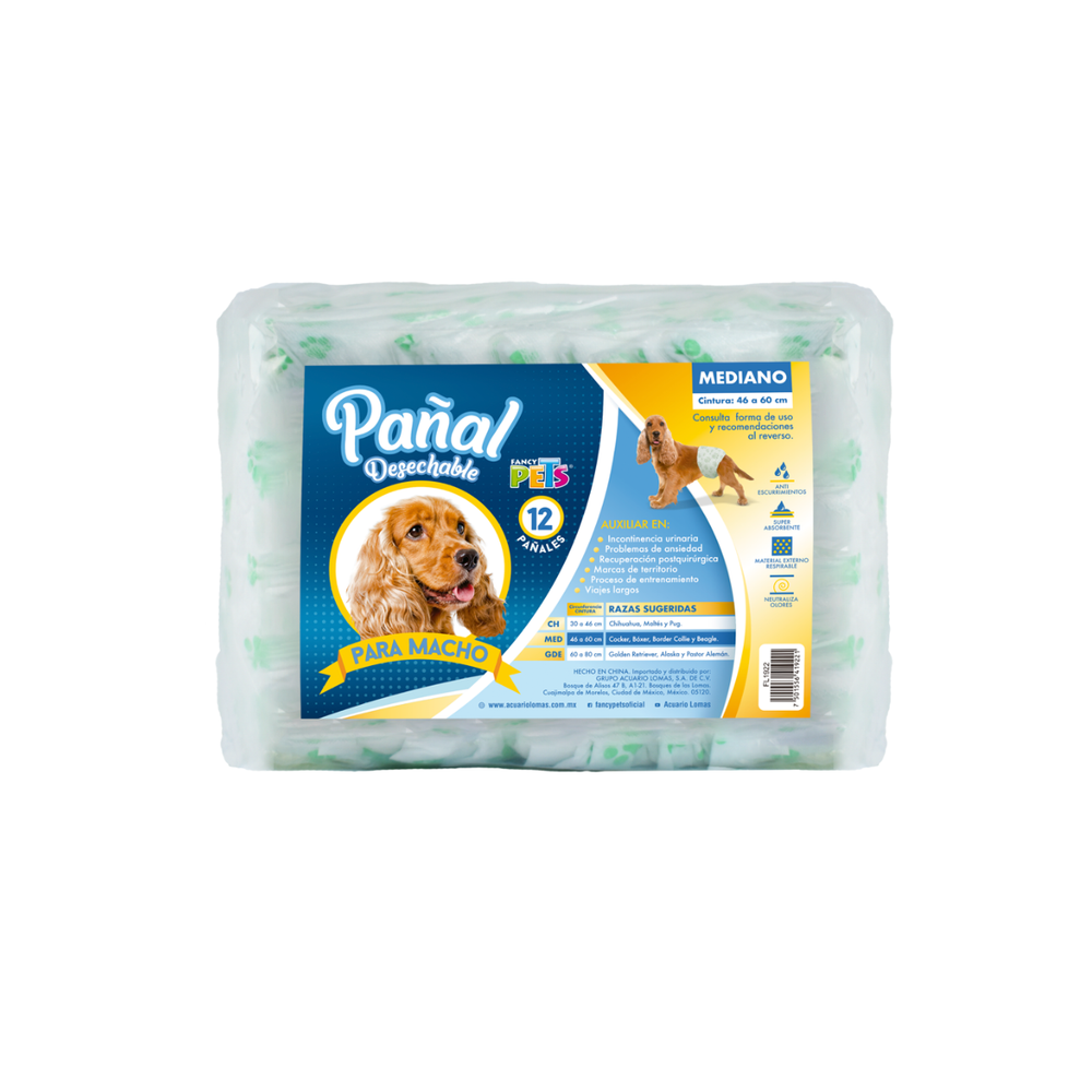 PAÑAL PARA PERRO MACHO MEDIANO 12 PZAS FANCY PETS