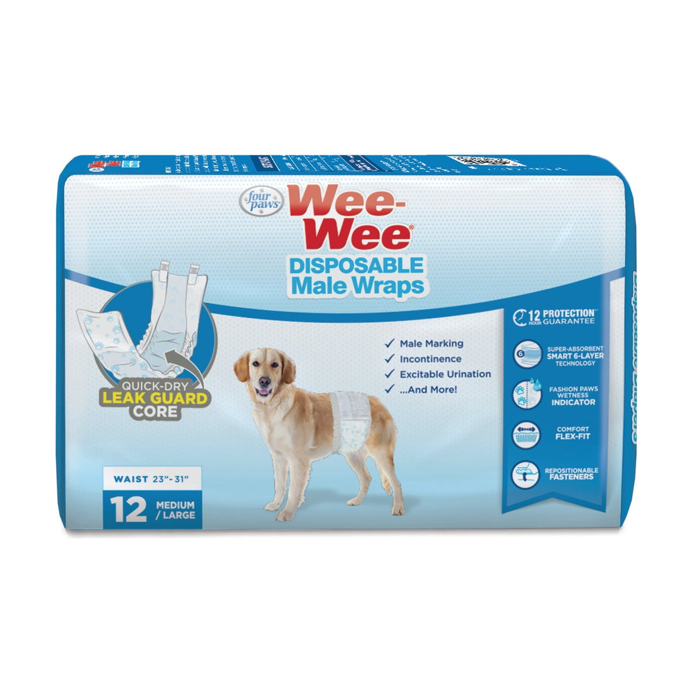 Four Paws Wee-Wee fajas desechables para perro macho con indicador de humedad, 12 piezas