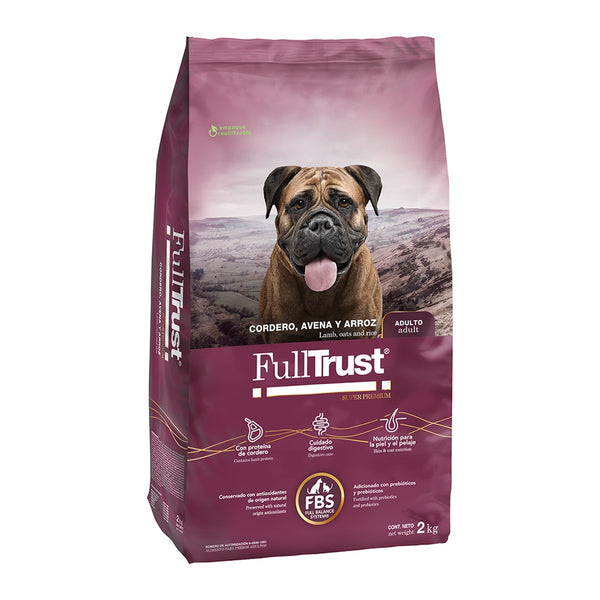 FullTrust Adulto Cordero alimento seco para perro adulto de todas las razas, cordero, avena y arroz, vista lateral