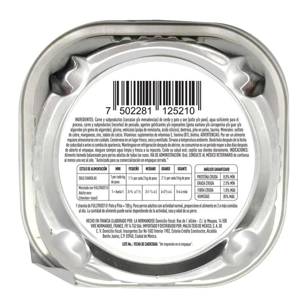 FullTrust alimento húmedo paté para perro adulto, pato y piña, 100 g, reverso con ingredientes y guía