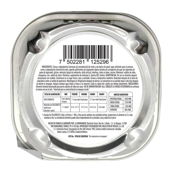 FullTrust alimento húmedo paté para perro adulto, atún y cítricos, 100 g, reverso con ingredientes y guía