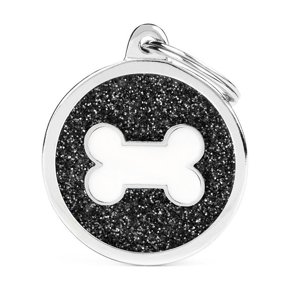 MyFamily Shine placa de identificación redonda con diamantina y figura de hueso o corazón para perro