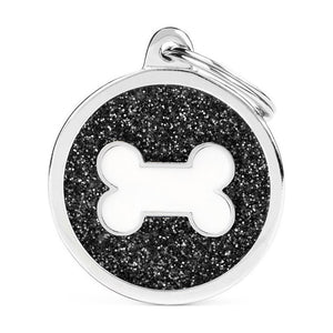 MyFamily Shine placa de identificación redonda con diamantina y figura de hueso o corazón para perro