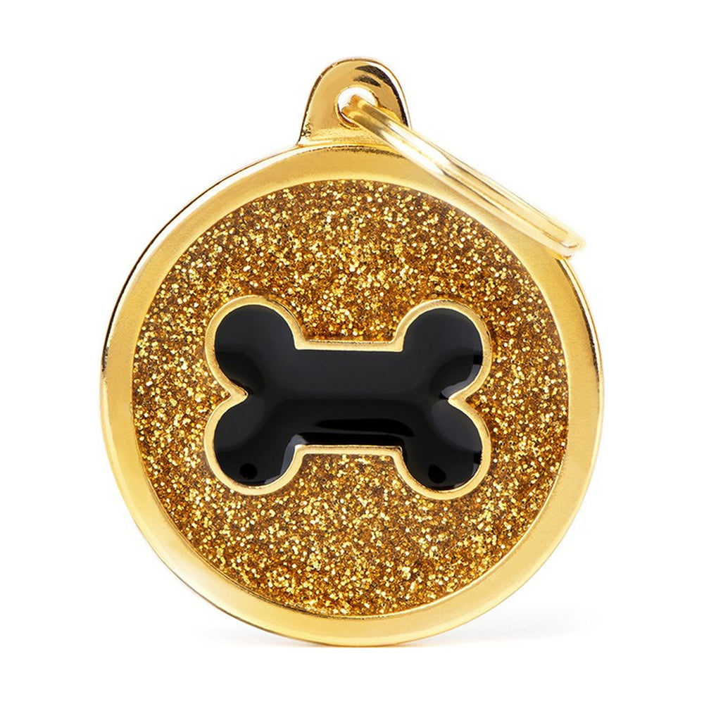 MyFamily Shine placa de identificación redonda con diamantina y figura de hueso o corazón para perro