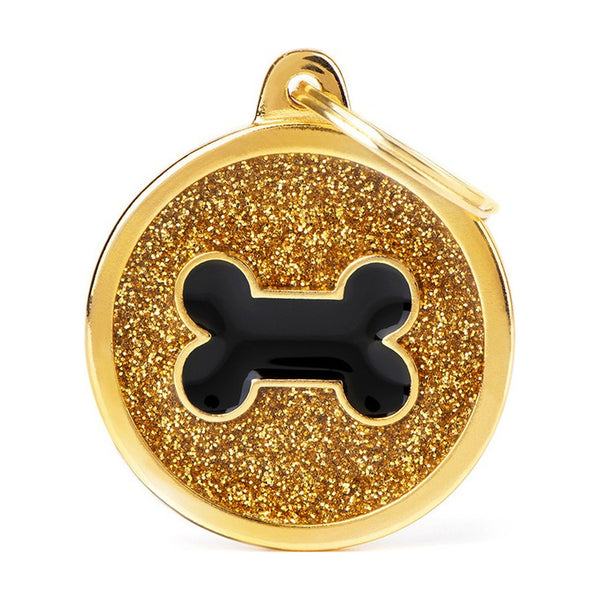 MyFamily Shine placa de identificación redonda con diamantina y figura de hueso o corazón para perro