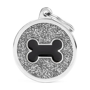 MyFamily Shine placa de identificación redonda con diamantina y figura de hueso o corazón para perro