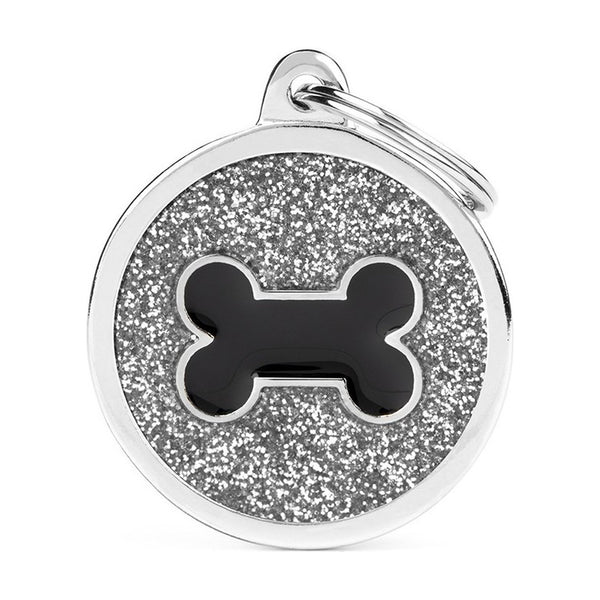 MyFamily Shine placa de identificación redonda con diamantina y figura de hueso o corazón para perro