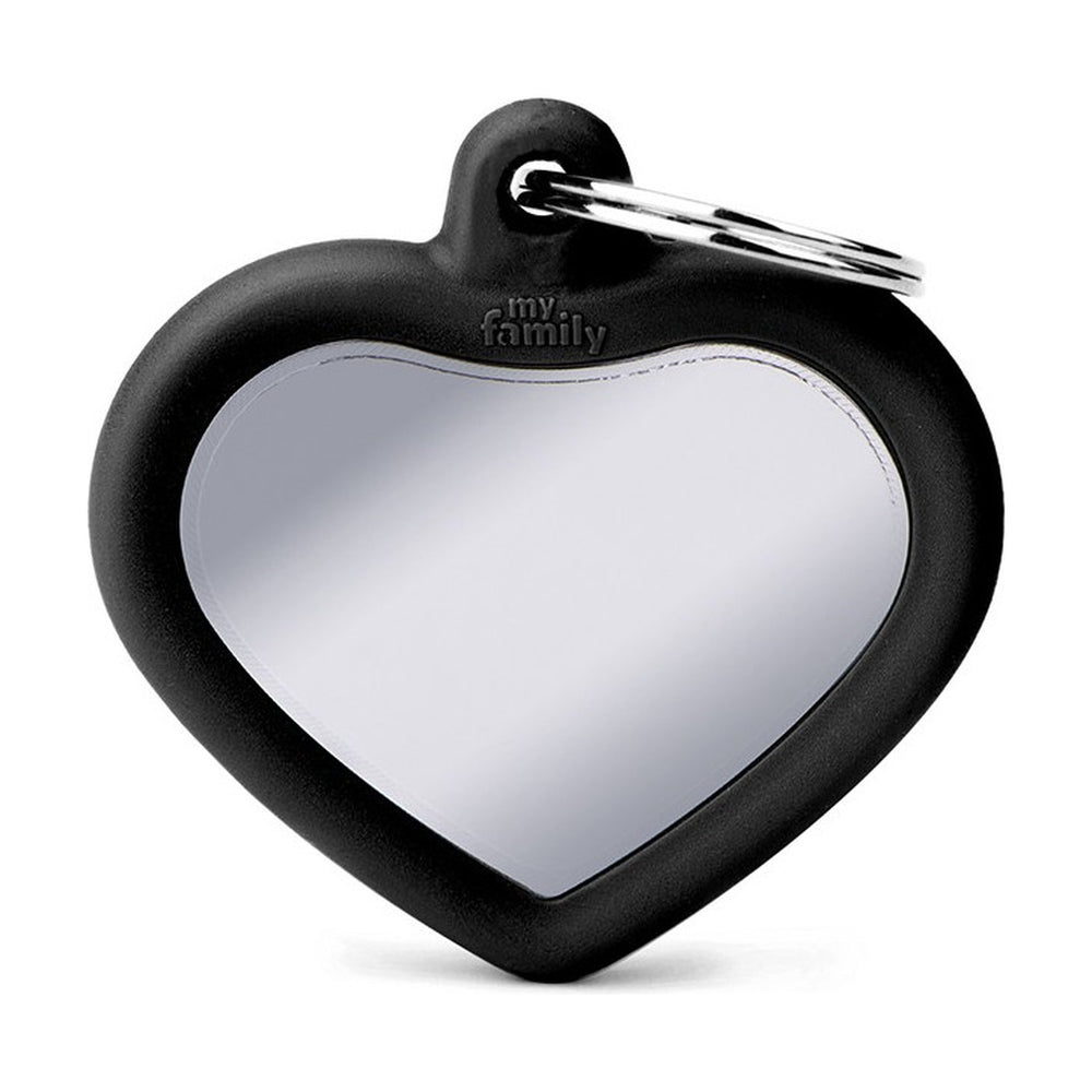 MyFamily Hushtag placa de identificación corazón de latón cromado con hule negro para perro, mediana