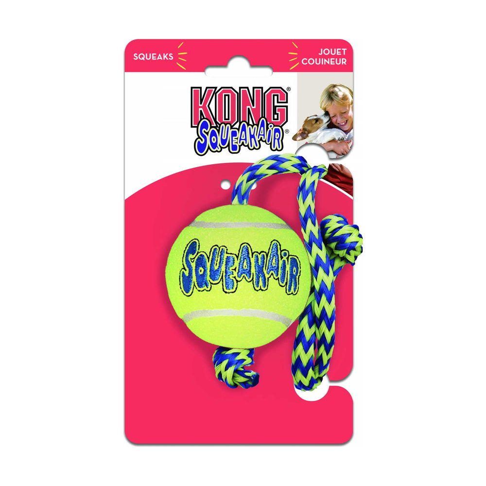 KONG SqueakAir pelota de tenis con cuerda y chifle para perro, mediana