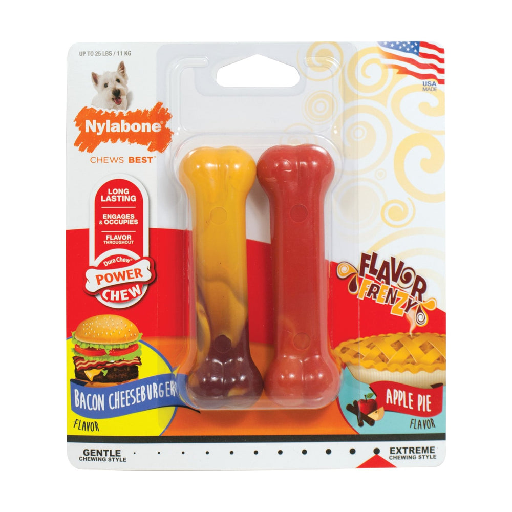 Nylabone Power Chew Flavor Frenzy 2 huesos sabor hamburguesa con tocino y pay de manzana, Small hasta 11 kg