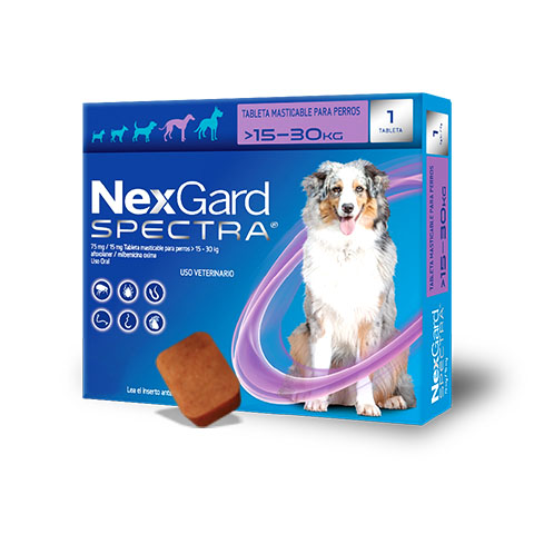 NexGard Spectra tableta masticable antiparasitaria externa e interna para perro de 15.1 a 30 kg (L), 1 tableta