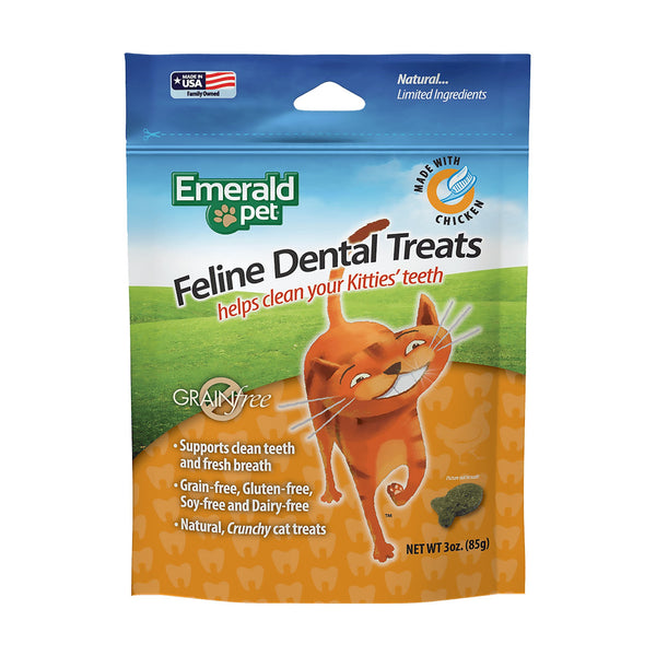 Emerald Pet Feline Dental Treats premios dentales sin granos para gato con pollo, 85 g