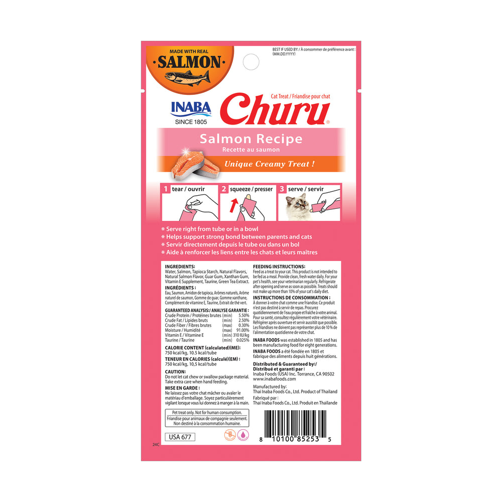 INABA Churu premio cremoso para gato receta de salmón, 4 tubos de 14 g