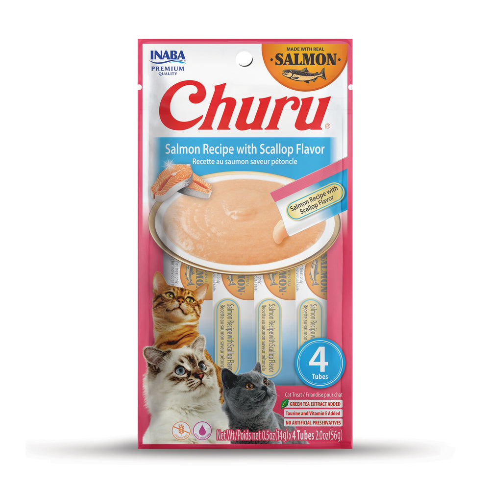 INABA Churu premio cremoso para gato receta de salmón con sabor a vieira, 4 tubos de 14 g