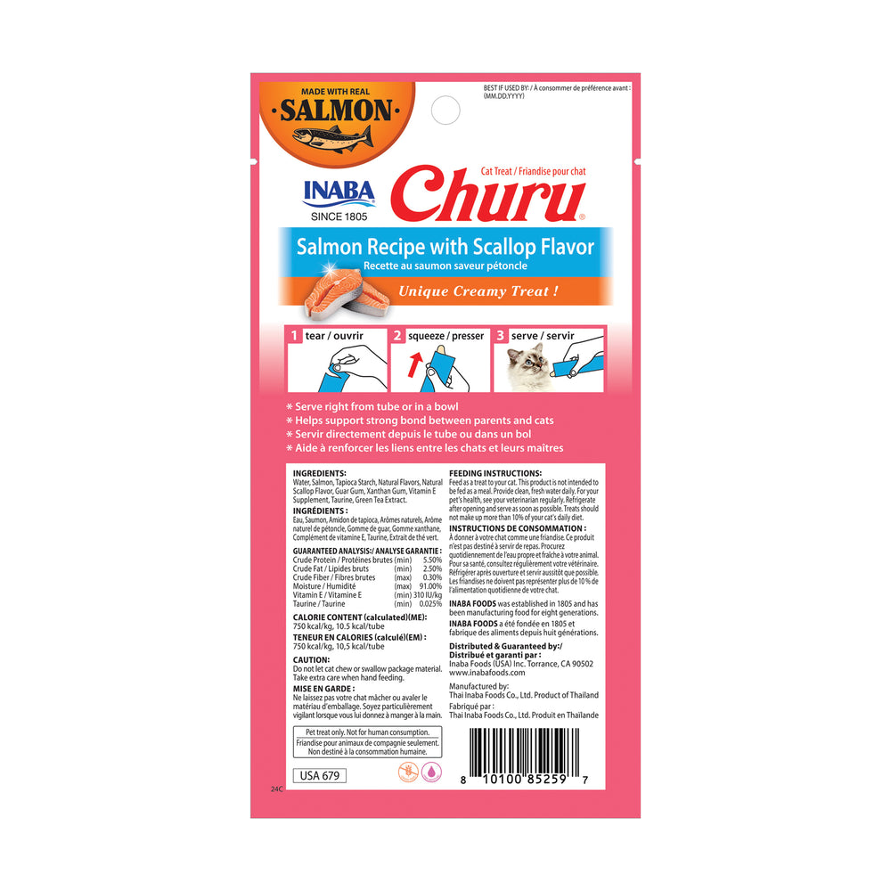 INABA Churu premio cremoso para gato receta de salmón con sabor a vieira, 4 tubos de 14 g