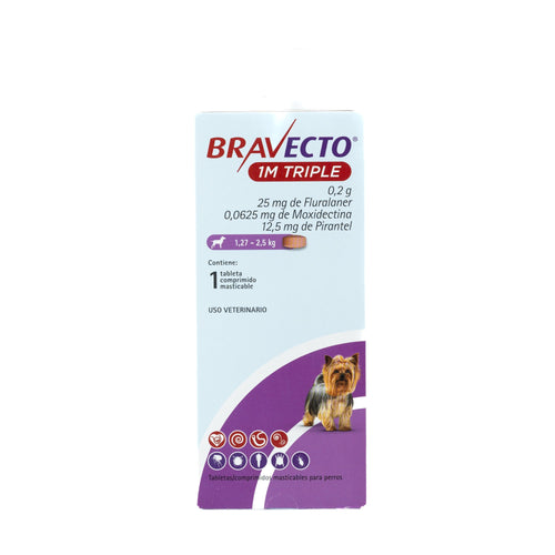 Bravecto 1M Triple tableta masticable antiparasitaria externa e interna para perro, 1.27 a 2.5 kg