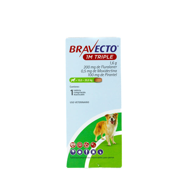 Bravecto 1M Triple tableta masticable antiparasitaria externa e interna para perro, 10 a 20 kg