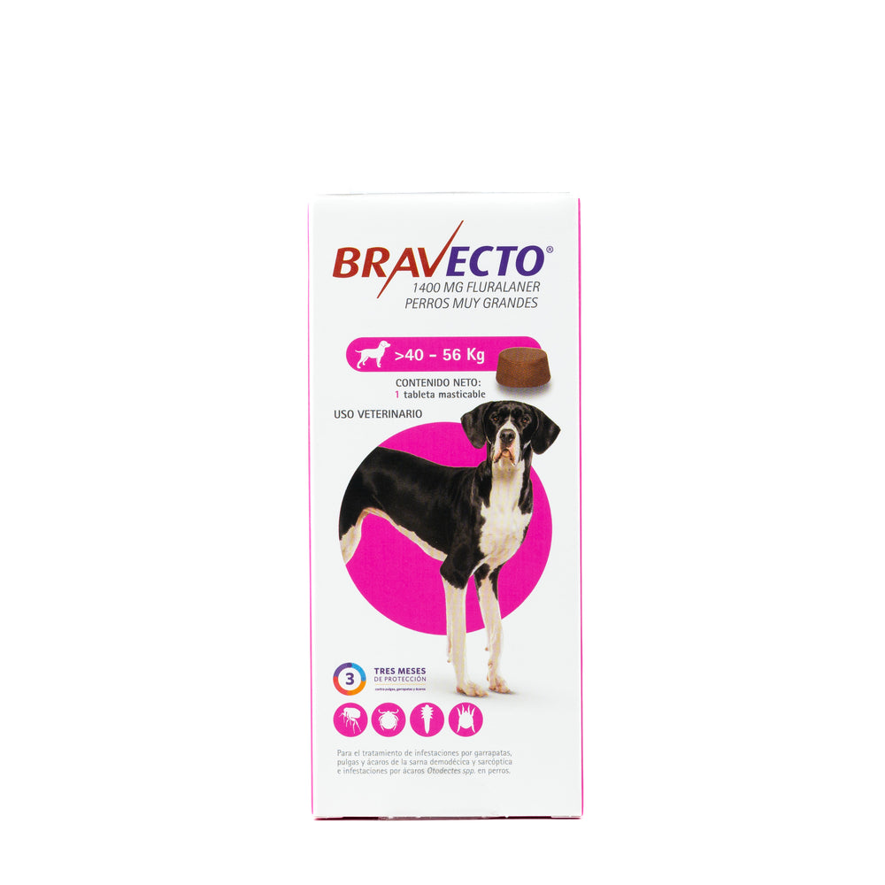 TABLETA ANTIPULGAS MASTICABLE 1400MG 1M ES  PARA PERRO 40 A 56 KG BRAVECTO