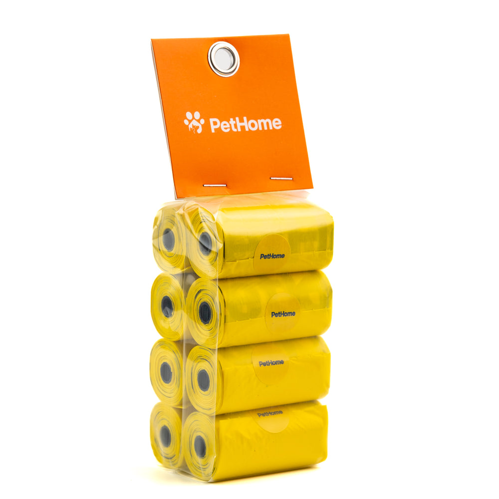 PAQUETE DE BOLSAS PARA POPO 8 ROLLOS DE 15PZAS CON AROMA COLOR AMARILLO PETHOME