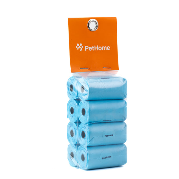 PAQUETE DE BOLSAS DE POPO 8 ROLLOS DE 15PZAS CON AROMA COLOR CELESTE PETHOME