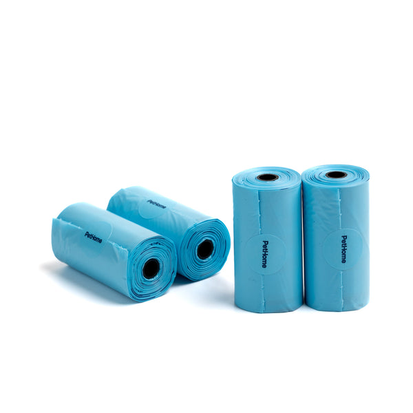 PAQUETE DE BOLSAS DE POPO 4 ROLLOS DE 15 PZAS CON AROMA COLOR CELESTE PETHOME