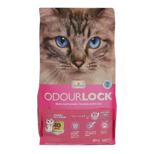 ARENA AGLUTINANTE DE ARCILLA ODOUR LOCK AROMA TALCO DE BEBÉ PARA GATO